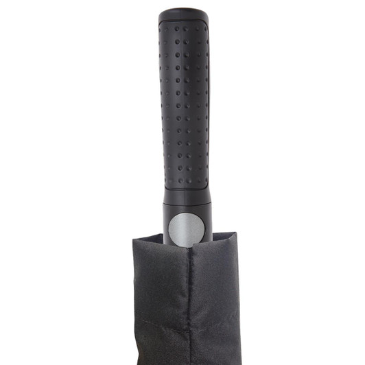A black umbrella with a textured handle, stored in a protective sleeve. The handle features a circular button.