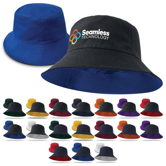 A reversible bucket hat in blue and black, featuring a logo, available in various colours.