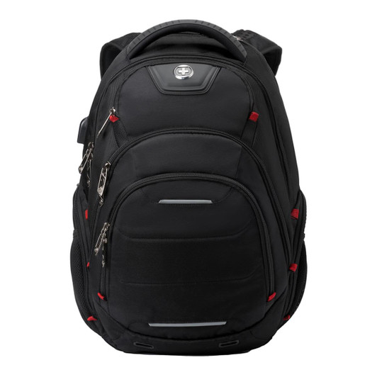 A black Swissdigital Neptune backpack featuring multiple compartments and zippers, with red accents and a logo.