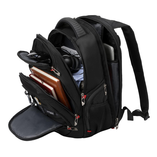 A black backpack with multiple compartments, featuring storage for a laptop, documents, and other accessories.