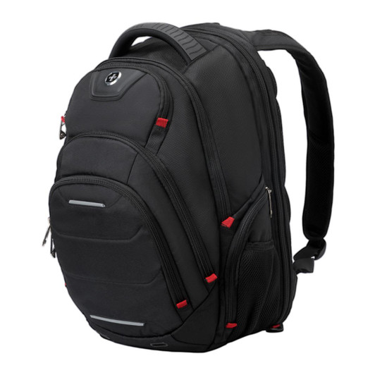 A black backpack with red accents, featuring multiple compartments and a logo, designed for versatile use.