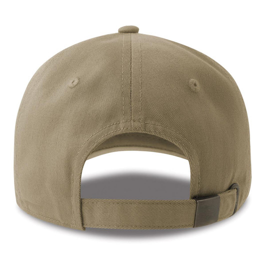 A khaki Dad Hat-S made from organic and recycled cotton, featuring a branded logo on the back.
