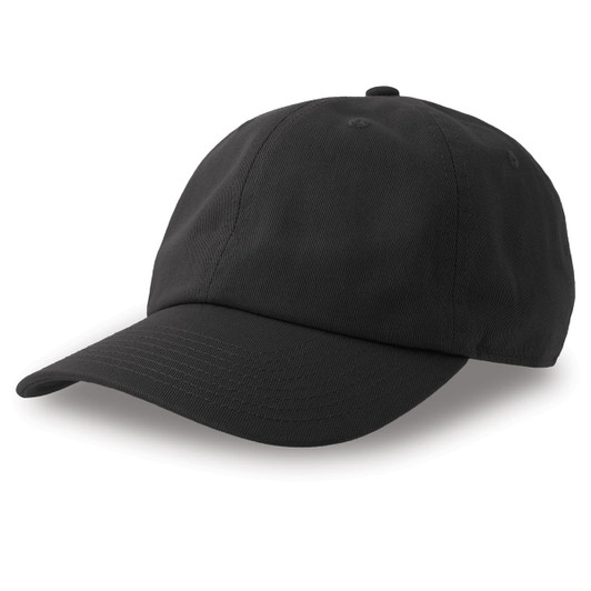 A black dad hat made from organic and recycled cotton, featuring a curved brim and an adjustable strap at the back.