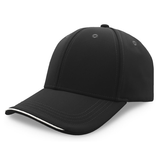 A black cap with a structured design and a white stripe along the brim, featuring a logo.
