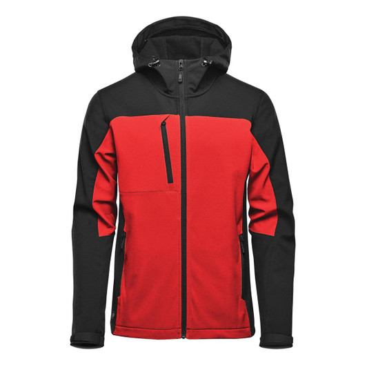 A men's hooded softshell jacket featuring a red and black design, with a front zip and multiple pockets.