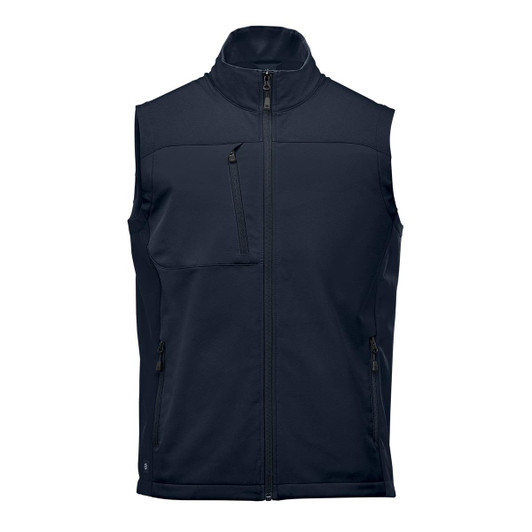 A dark navy softshell vest featuring a zippered front and side pockets, with a logo on the lower section.
