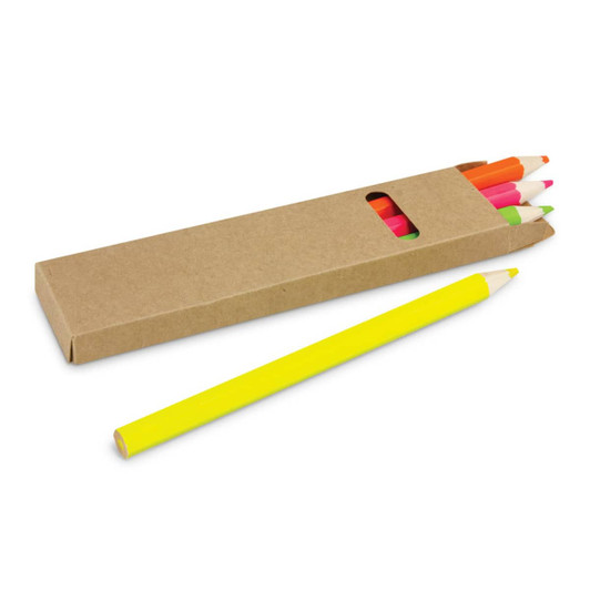 A pack of highlighter pencils in vibrant colours, including yellow, orange, green, and pink, housed in a cardboard box.