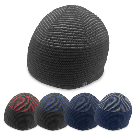 A collection of beanies in various colours including black, navy, and striped patterns, with a logo on each.