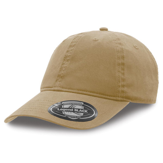 A khaki cap with a curved brim and a logo on the front. Suitable for casual wear.