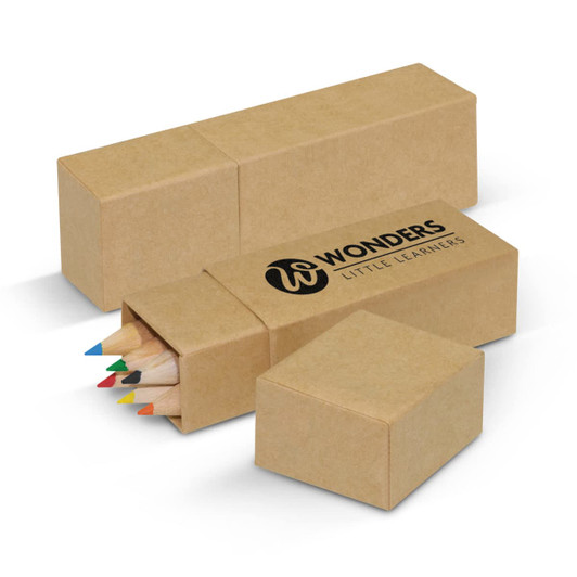 A coloured pencil set featuring various colored pencils stored in a cardboard box with a logo printed on the side.