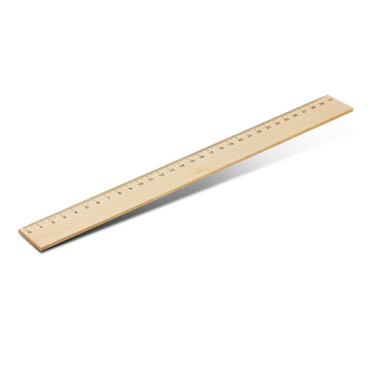 A wooden 30cm ruler featuring measurement markings, with a smooth, natural finish. It has a logo on it.