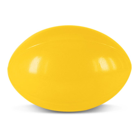 A yellow stress rugby ball designed for fun and stress relief in the category of stress balls.