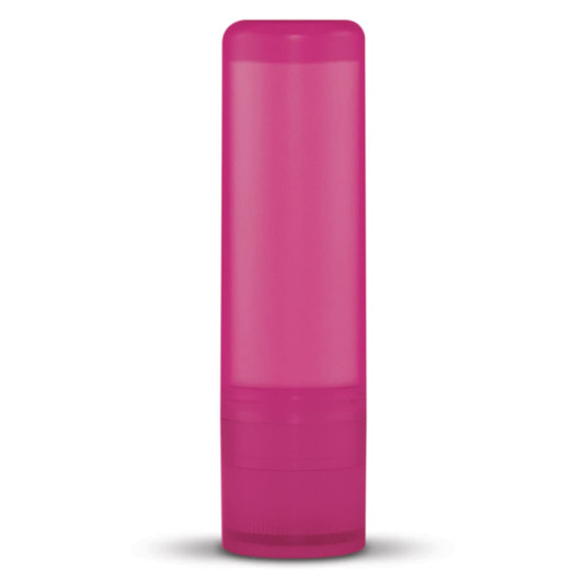 A lip balm container in a vibrant pink color with a twist-up design.