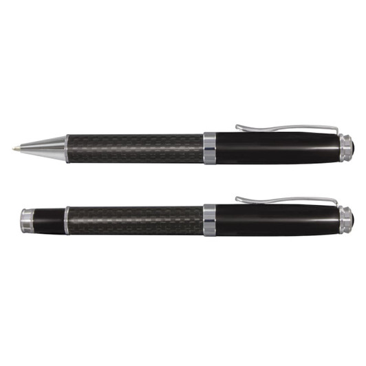 A set of two black pens with a sleek carbon fibre design and silver accents, featuring a logo on one pen.