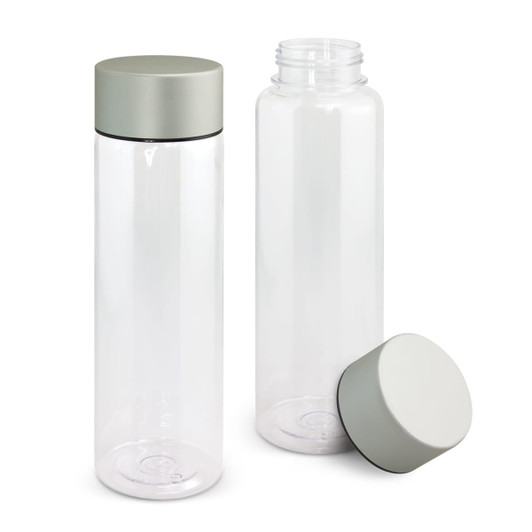 A drink bottle in clear plastic with a textured light grey lid and a removable cap.
