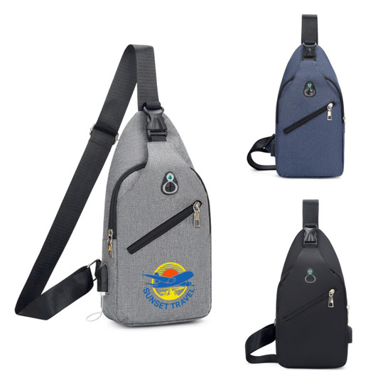 A grey, navy, and black sling chest bag with a logo, featuring zippered compartments and an adjustable strap.
