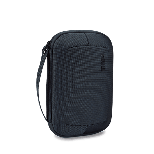 A storage case for electronics in dark grey, featuring a carrying strap and a subtle logo.