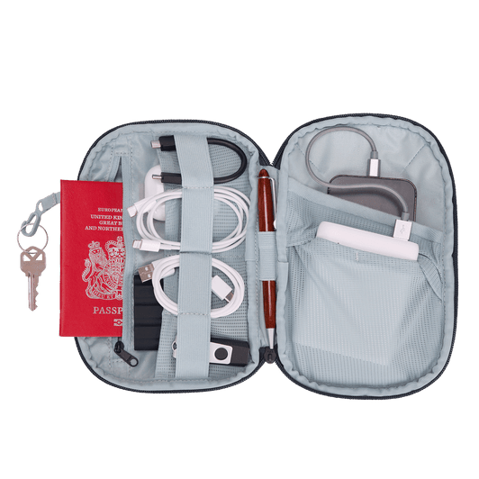 A soft grey organiser featuring multiple compartments for cables, a power bank, a pen, keys, and a passport.