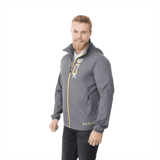 A men's lightweight jacket in grey with a yellow accent and branding, featuring a hood and zip closure.