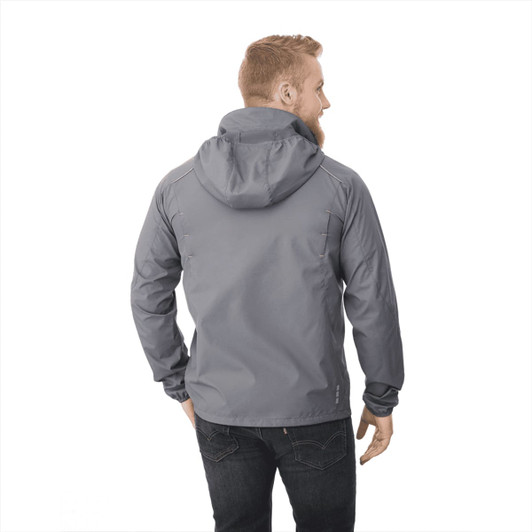 A men's lightweight jacket in grey with a hood, featuring a logo on the back.