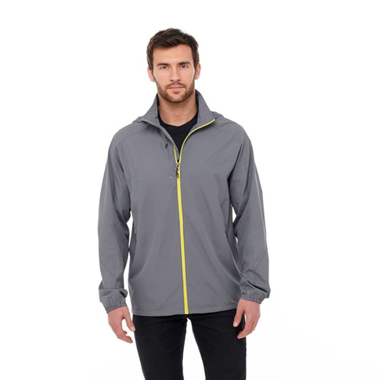 A lightweight men's jacket in grey with a yellow zip and hood, featuring a logo on the front.