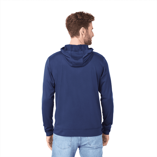 A navy blue men's hoodie featuring a drawstring hood and a logo on the back, made from eco-friendly knit fabric.