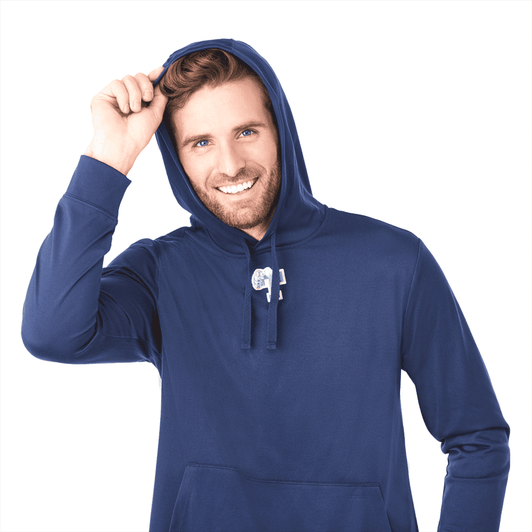 A smiling man wearing a navy blue eco knit hoody with a logo on the front.