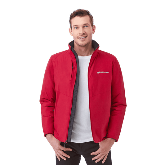A red packable insulated jacket for men, featuring a front zip and a branded logo on the chest.