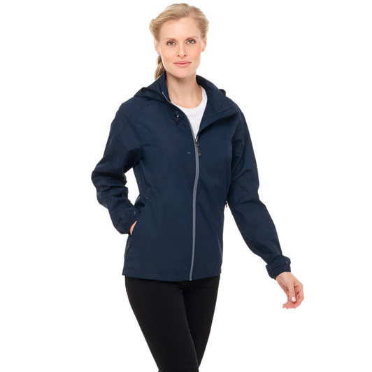 A lightweight women's jacket in navy blue with a hood, featuring a zip front and two side pockets. It has a logo on it.