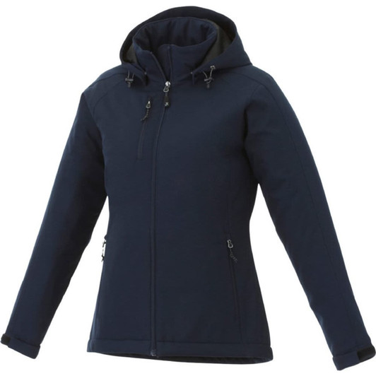 A women's Bryce Insulated Softshell Jacket in navy, featuring a hood and zippered pockets, with a logo present.