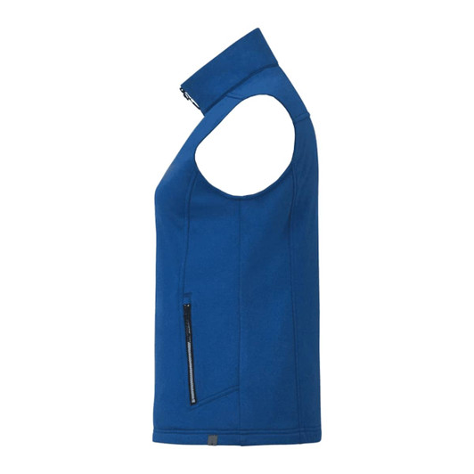 A blue women's softshell vest featuring a high collar and side zip pocket, with a logo on the design.