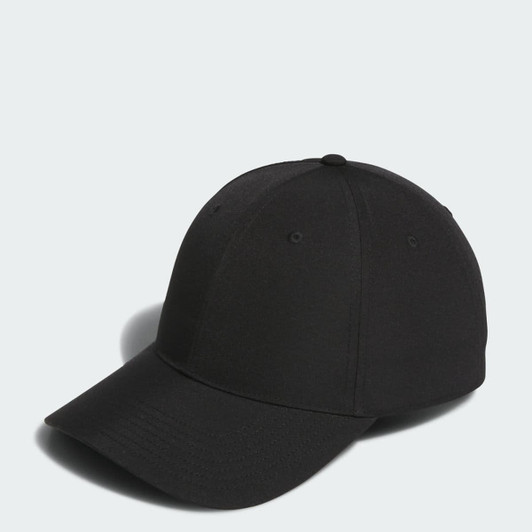A black six-panel cap featuring a curved brim and a logo. Ideal for athletic or casual wear.
