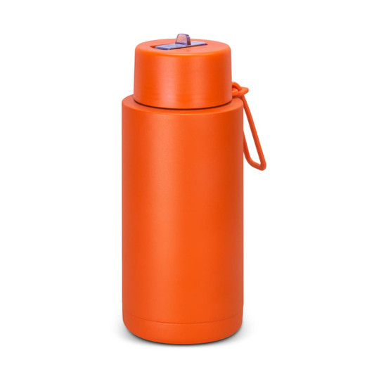 An orange vacuum bottle with a lid and a strap, featuring a logo on its surface. Holds 1 litre.