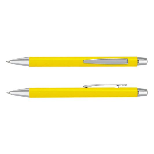 A yellow pen with silver accents and a clip, featuring a laser cut logo on the barrel.