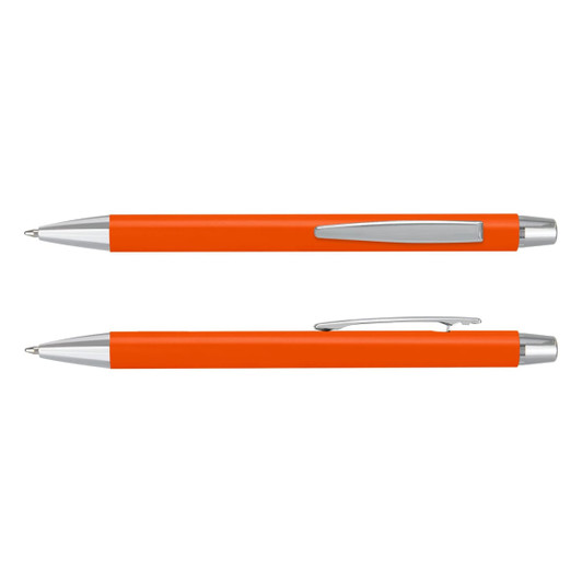 An orange pen with a silver clip and accents, featuring a logo design.