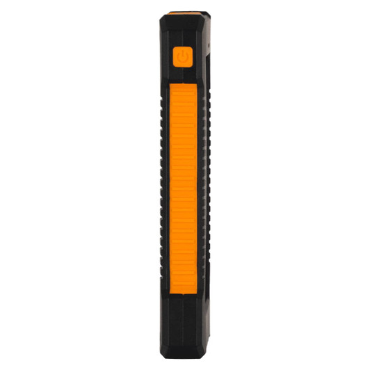 A solar power bank in black and orange, featuring a textured grip and a power button.