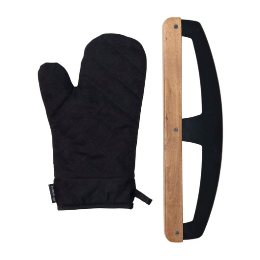 A black oven mitt and a wooden pizza peel with a black handle, featuring a simple design and branding.