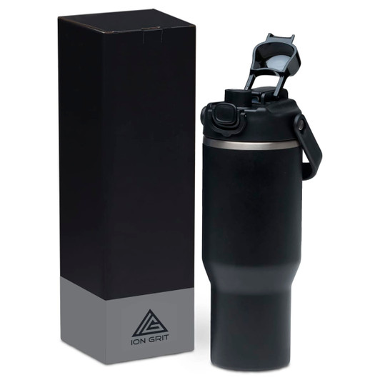 A drink bottle in matte black with a lid and a carrying handle, alongside a sleek black box.