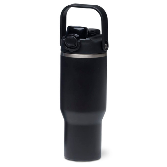 A drink bottle with a sleek black finish, featuring a handle and a spill-proof lid. It includes a logo.