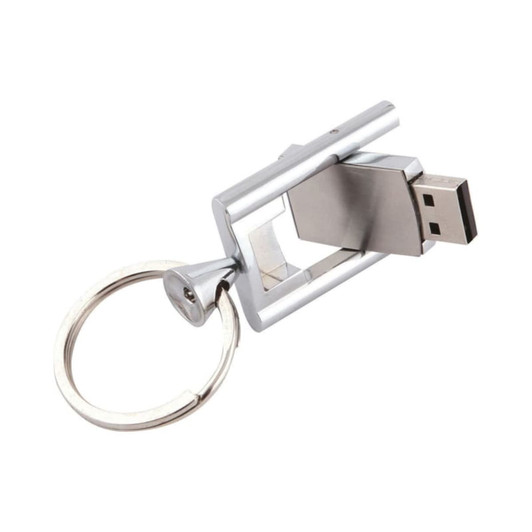 A silver chrome flip flash drive attached to a keyring with a sleek, metallic design.