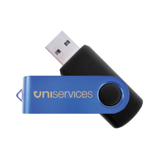 A blue and black USB flash drive with a swivel design and a logo on its side.