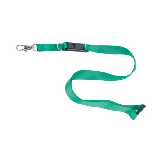A green lanyard with a metal clip and adjustable buckle, designed to hold a USB flash drive.