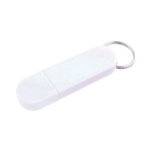 A white flash drive with a keyring attachment. It has a smooth, rounded design.