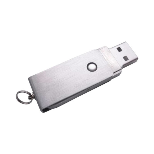 A metallic silver flash drive with a sliding mechanism and keyring attachment. It features a simple design.