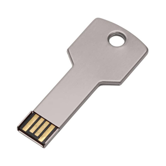 A silver USB key flash drive shaped like a key, featuring a loop for attachment and a minimalist design.