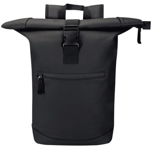 A black roll-top backpack with a secure buckle, featuring a front zipper pocket and sturdy handles on top.