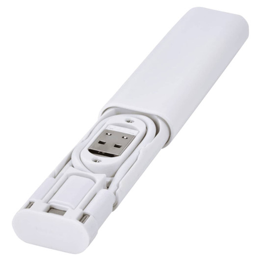 A modular charging cable in white, featuring a compact design with a built-in USB connector and a branding logo.
