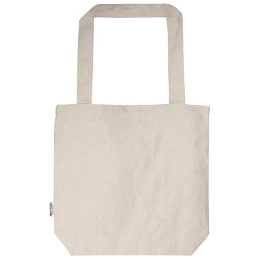 A natural beige tote bag with two sturdy handles and a plain design. It features a small branding label.