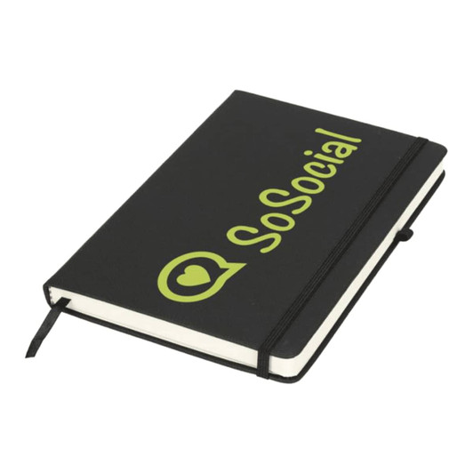 A black journal book with a green logo and text on the cover, featuring a ribbon bookmark.