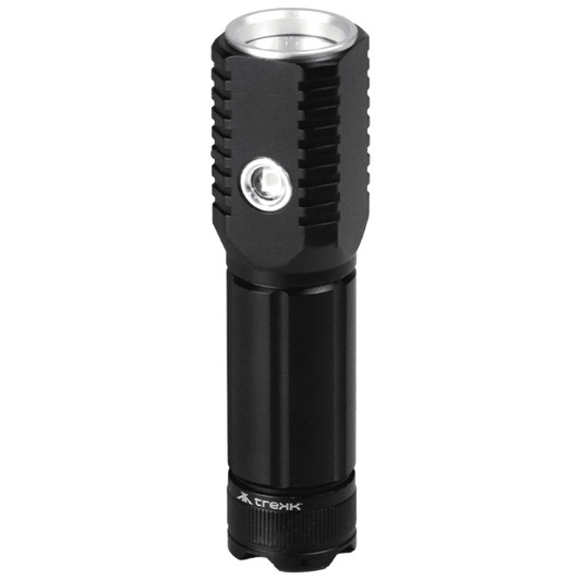 A black LED torch with a cylindrical body and textured grip, featuring a single LED lamp at the top and a logo.